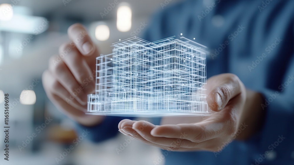 Poster a person holding a transparent, digital model of a building, showcasing modern technology and 3d vis
