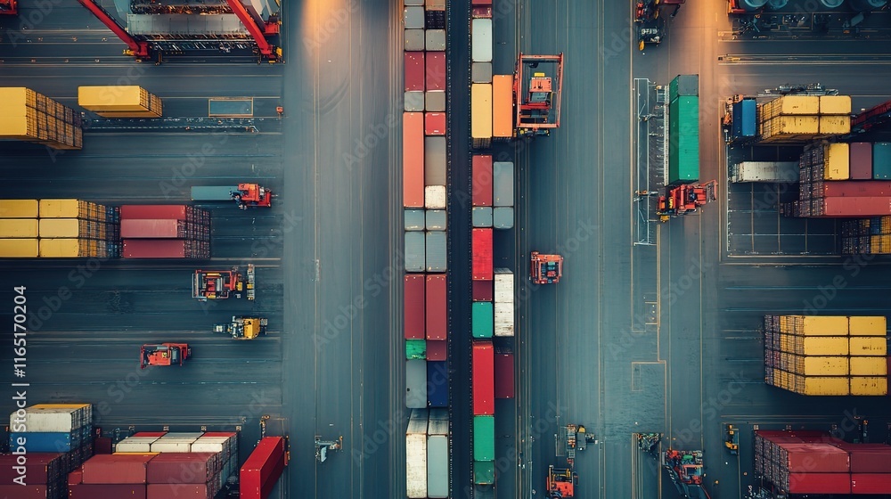 Poster busy logistics center with automated machines handling cargo efficiently