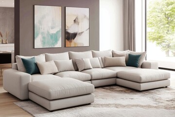 Fototapeta premium Modern beige sectional sofa with ottoman in a bright living room, complemented by abstract art and natural light.