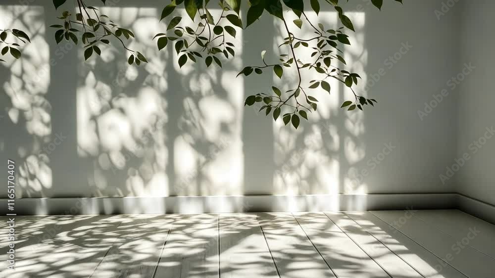 Poster light filters through leaves creating intricate shadows on a minimalist floor in a serene indoor spa
