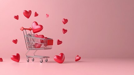 Romantic shopping cart with red hearts on a pink background, perfect for Valentine sale, love, and holiday shop concepts. Ideal for store and marketing banners.