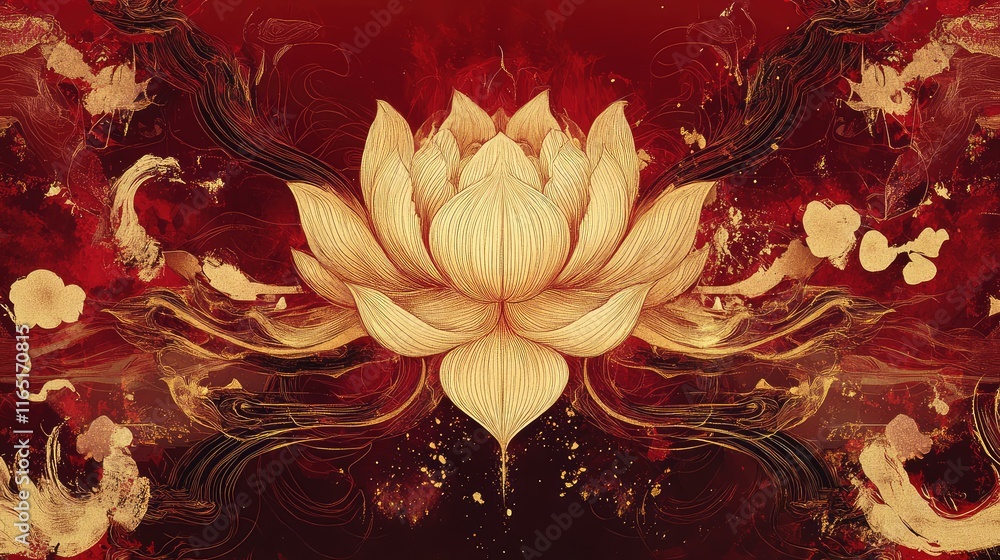 Poster ethereal abstract design with golden lotus and mythical creatures layered on a deep red background.