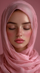 Serene Woman in Pink Sheer Headscarf Peaceful Portrait