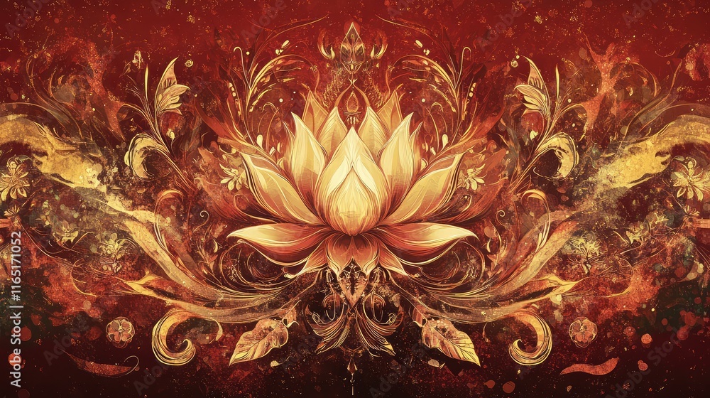Poster ethereal abstract design with golden lotus and mythical creatures layered on a deep red background.