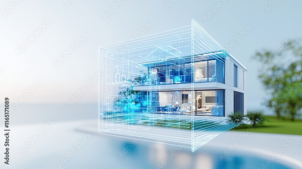 Aufkleber A modern house design is depicted with a digital overlay, showcasing a blend of architecture and technology against a serene backdrop.