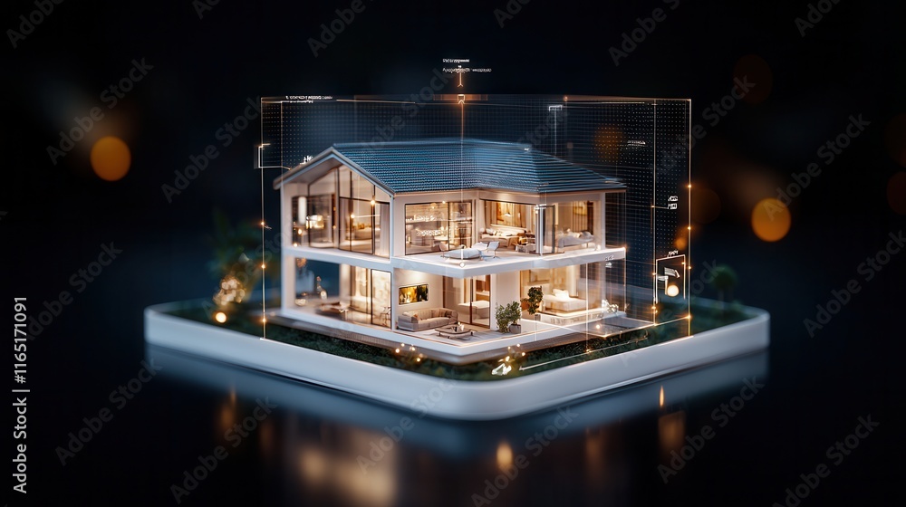 Aufkleber A modern, illuminated model of a house displayed in a futuristic manner, showcasing architectural design and intricate details against a dark background.