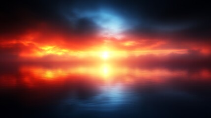 Fototapeta premium Fiery Sunset Sky Reflected On Calm Water Surface