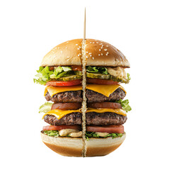A towering burger with multiple layers of beef patties, melted cheese, lettuce, tomatoes, and a sesame seed bun.