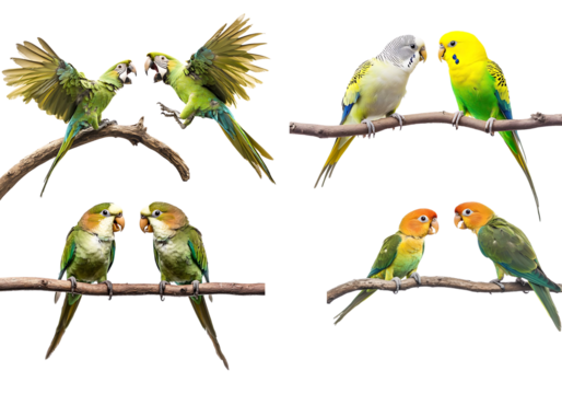 Four Colorful Parrot Couples Arguing on a Tree Branch on Transparent Background