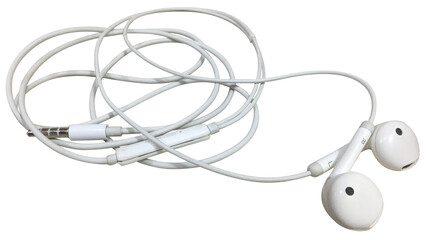White earphones cluster isolated on white background with mic and plug