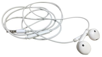 White earphones cluster isolated on white background with mic and plug