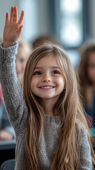 Cute Girl Raising Hand in Class Education Learning School