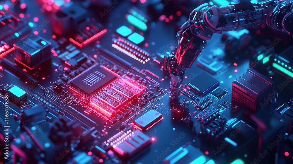 Poster detailed electronic assembly with robotic arm and microprocessor