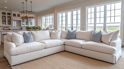 Luxurious sectional sofa in bright living room with large windows and kitchen view.