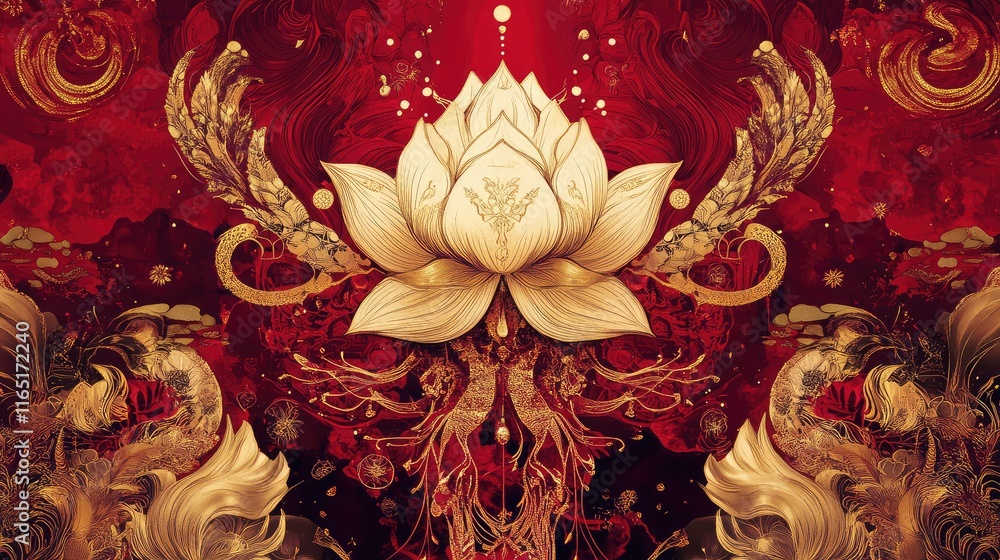 Poster ethereal abstract design with golden lotus and mythical creatures layered on a deep red background.