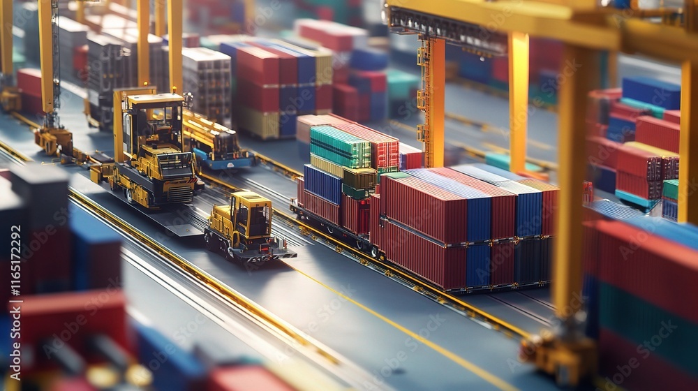 Poster automated logistics center with busy operations and handling machines