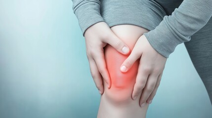 Close-up of a person holding their knee, experiencing knee pain. Joint health, knee injuries, arthritis, medical and rehabilitation advertising, physical therapy, health products, sports medicine