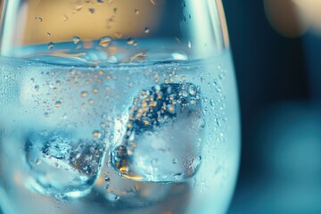 Close-up of a glass with ice cubes and condensation, showcasing the refreshing coolness of a drink.