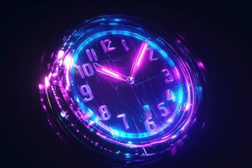 Neon clock face with vibrant purple and blue glowing lights, showcasing a futuristic design.
