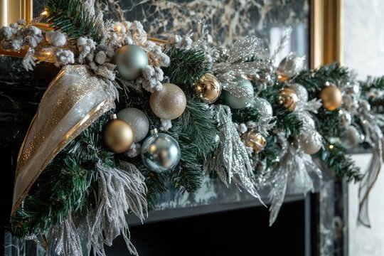 Elegant silver and gold Christmas garland adorns a marble fireplace, featuring sparkling ornaments and twinkling lights.