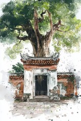 Ancient Gate Under Majestic Tree - Watercolor Painting