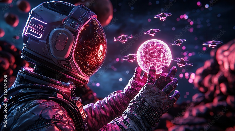 Poster an astronaut holds a glowing, pink orb in a vibrant, cosmic environment filled with floating particl