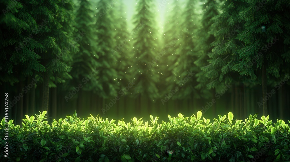 Poster a serene forest scene featuring tall trees and lush greenery, illuminated by soft sunlight filtering