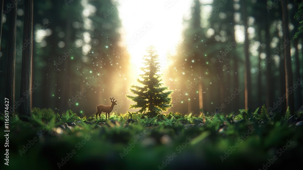 Poster A serene forest scene featuring a deer and a glowing pine tree surrounded by tall trees and soft light.