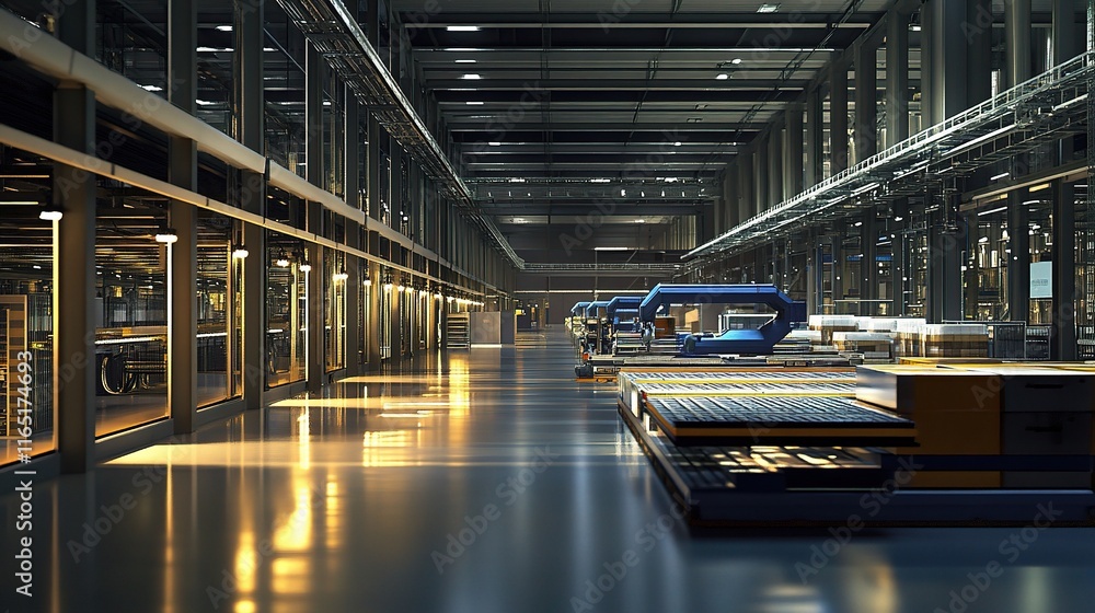 Poster large scale factory with automated robots moving materials inside