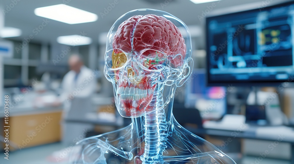 Poster a 3d anatomical model displays the human skull and brain in a lab, showcasing detailed structures fo