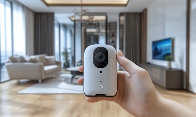 Hand holding a modern smart home security camera in a living room.