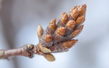 Close-up of a tree branch with swollen buds in early spring, covered in a light dusting of frost or pollen.