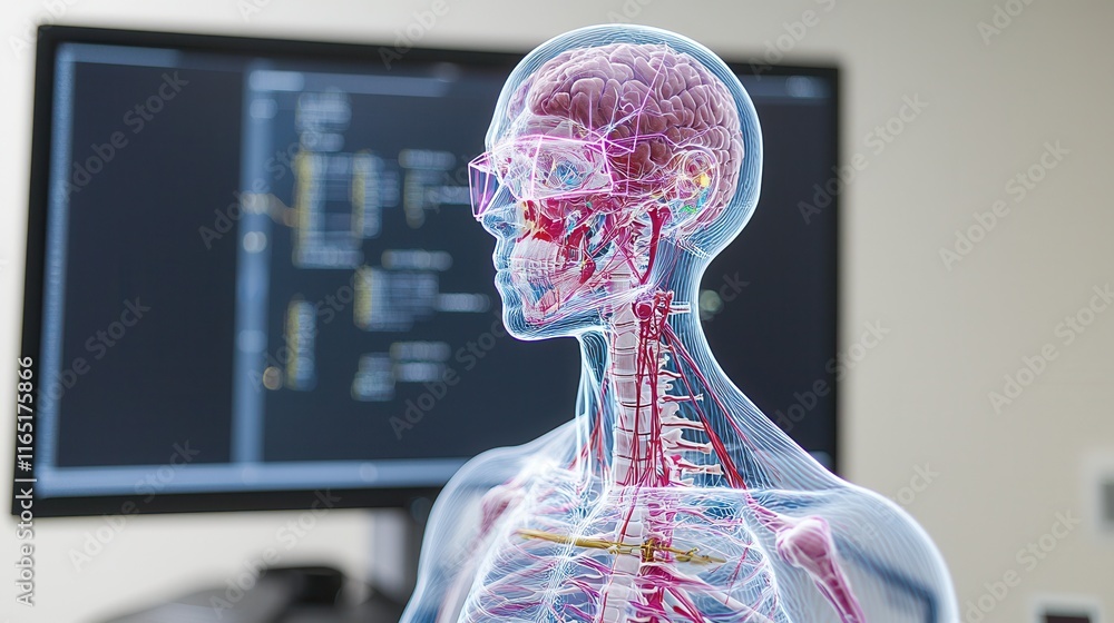 Fototapete a digital representation of the human body showcasing anatomical structures, with a computer interfa