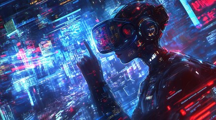 Virtual reality exploration futuristic city digital art cyber environment close-up innovation and technology impact