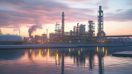 Naklejka premium Industrial Sunset Reflection: A sprawling industrial refinery complex is dramatically silhouetted against a vibrant sunset, its reflection shimmering on the calm waters of a nearby waterway.