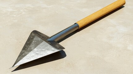 A triangular garden hoe with a wooden handle on a surface.