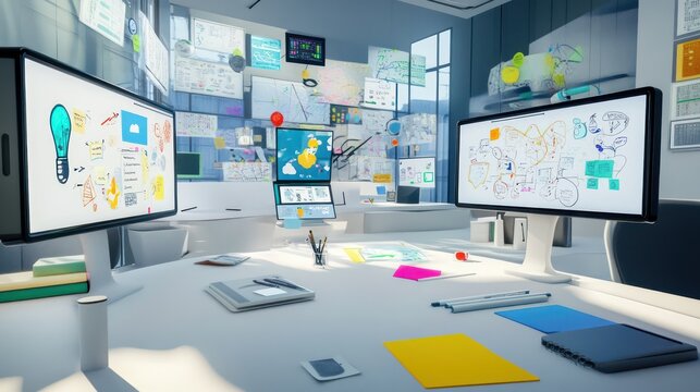 A brainstorming space filled with digital tools, mind maps on screens, and creative inspiration everywhere.