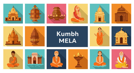 Fototapeta premium Illustrated grid of Kumbh Mela symbols, including temples, saints, and spiritual icons