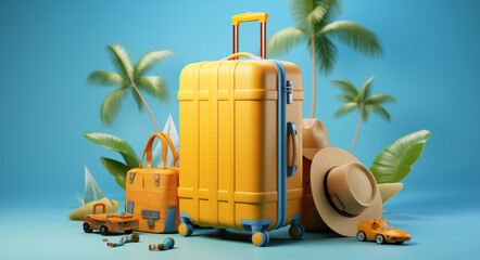 3D render of a yellow suitcase with summer travel accessories on a blue background. A minimal concept for a vacation, business trip, or hotel beach resort and airport fast track. Preparing for the hol