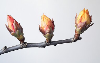 Three vibrant yellow-orange flower buds on a slender grey branch against a light grey background.
