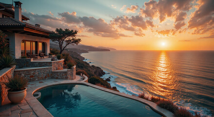 sunset over the pool