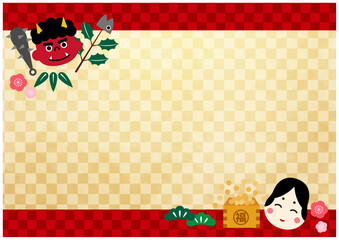 鬼とおたふくの市松フレーム節分背景2