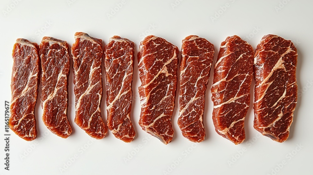 Poster slices of raw beef arranged neatly on a white surface.