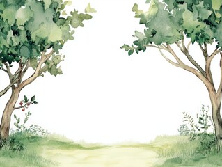 Obraz premium Watercolor Painting of Two Trees with a Path and Blank Space