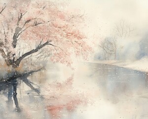 Serene Spring River Landscape with Cherry Blossoms