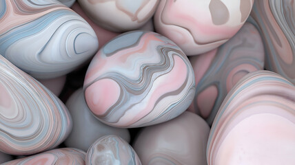 Close-up of abstract pastel-colored marble stones with flowing patterns in pink, gray, and blue, perfect for creative and artistic designs