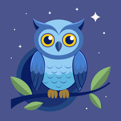 Cartoon Owl Digital Illustration - Cute Flat Design with Moonlit Background