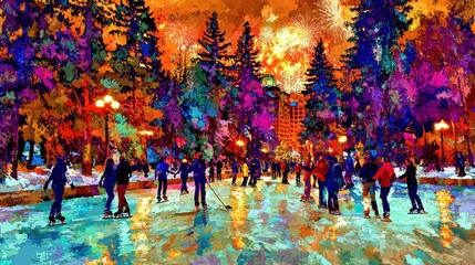 A magical New Year&rsquo;s Eve celebration by a frozen lake, with people skating under a sky filled with fireworks, glowing lanterns floating on the water, and a snow-dusted forest in the background. 