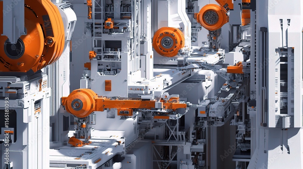 Poster 3d rendering of robotic arms assembling parts in modern factory setup
