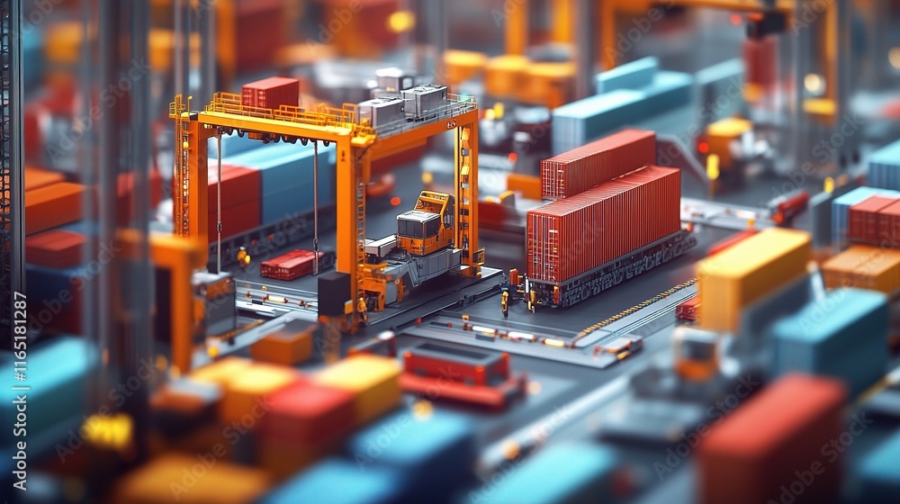 Poster advanced logistics center with automated machines and cargo handling